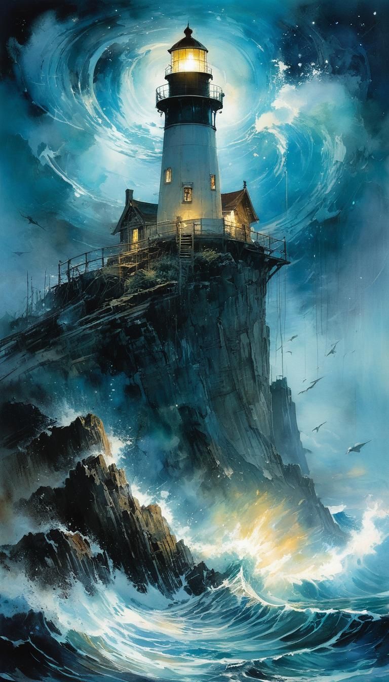 Ocean Storm Lighthouse in Fantasy Book, Watercolor Art