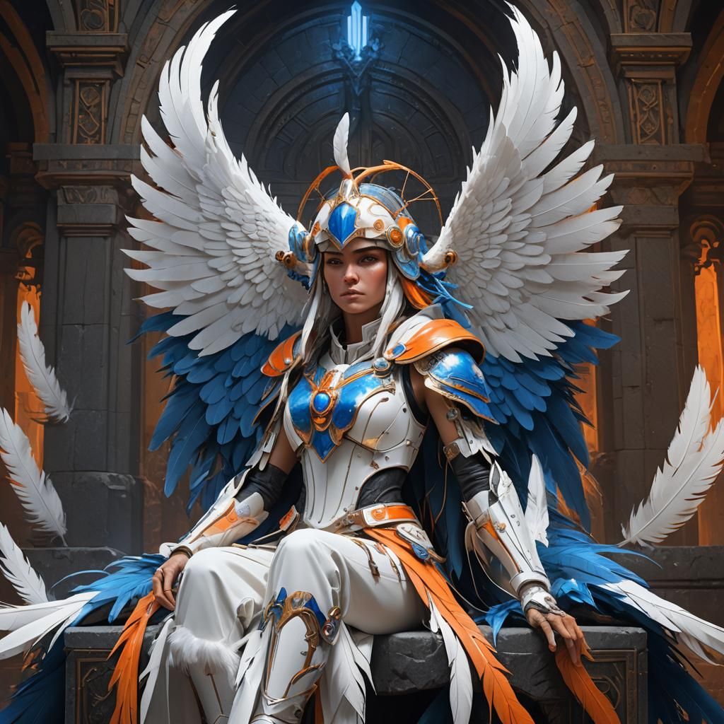 Falcon-Helmeted Woman on Throne in Art Nouveau Style