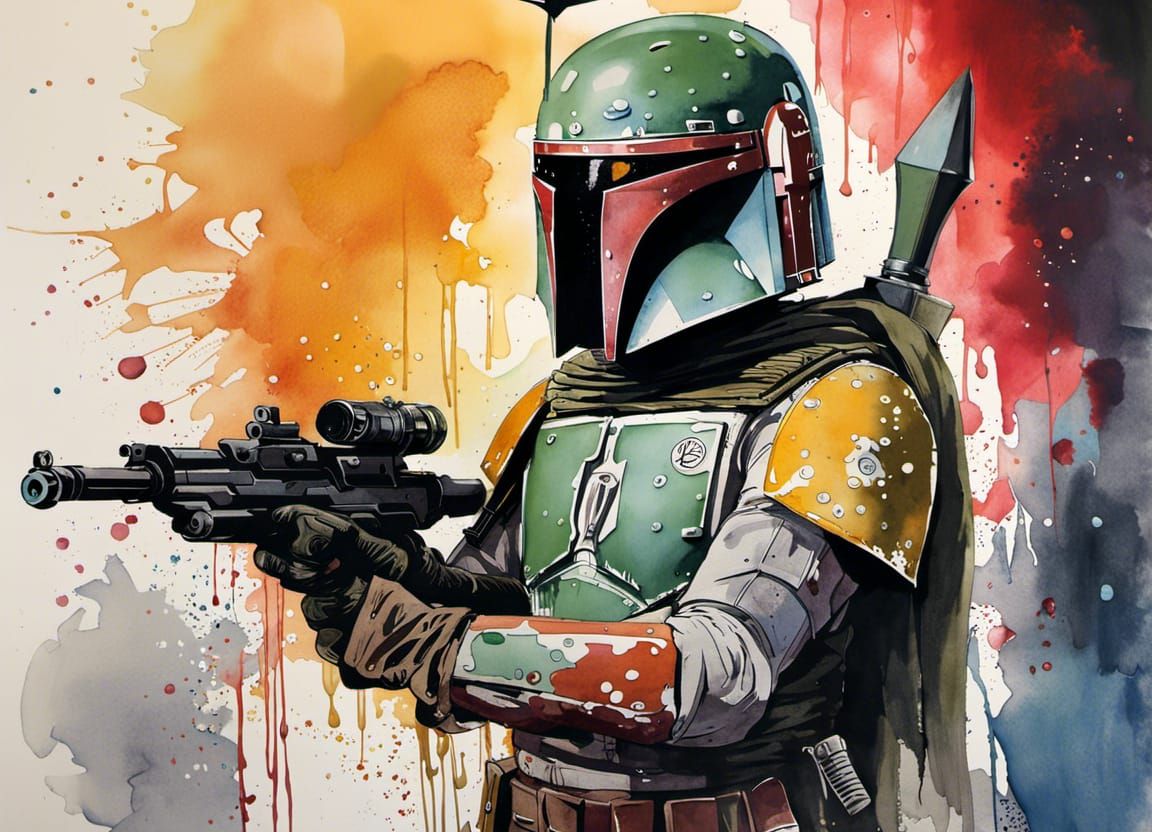 Boba Fett Watercolor Illustration with Intricate Details