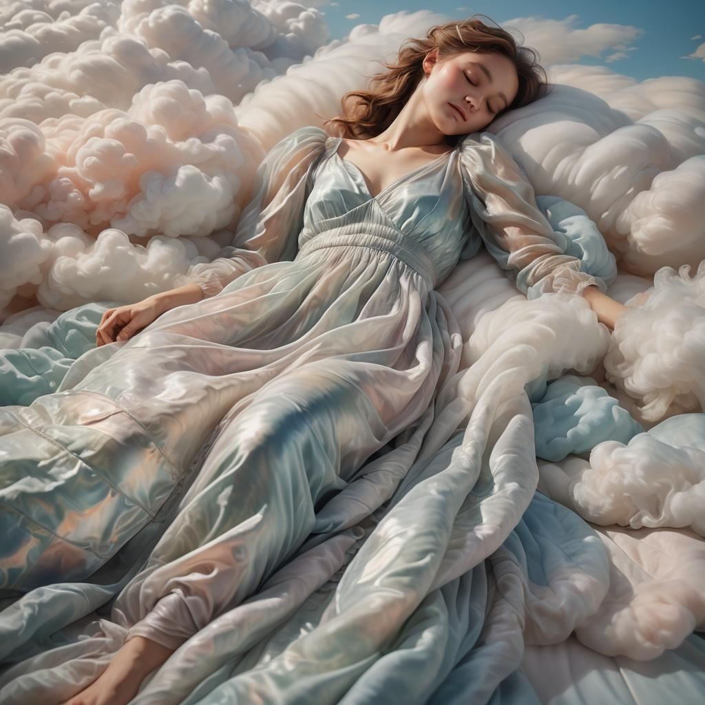 Dreamy Woman Sleeping on Clouds in Impressionist Style
