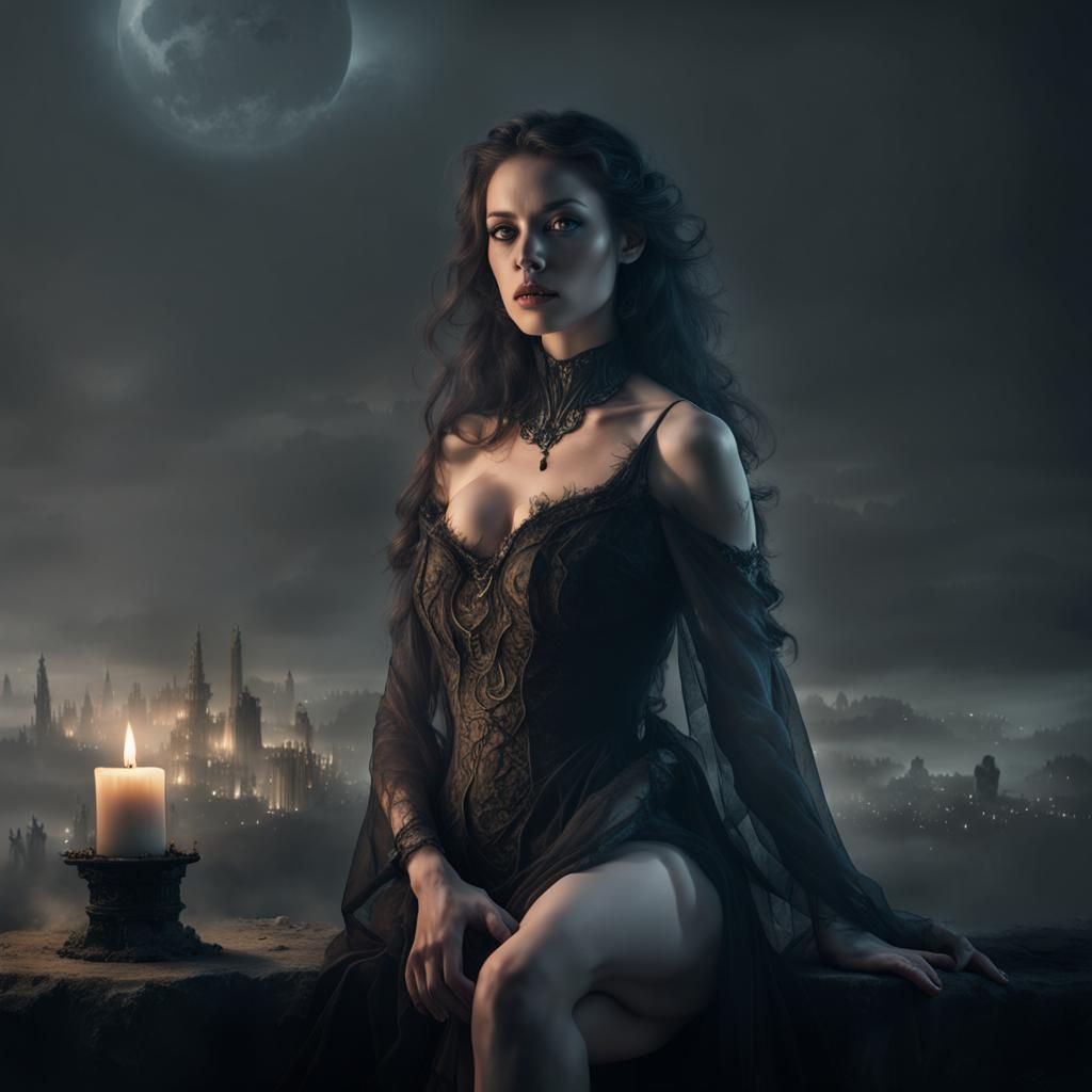detailed beatiful obsidian cascading female sorcerer posing under moonlight with candles, wearing gothic gown with trans...
