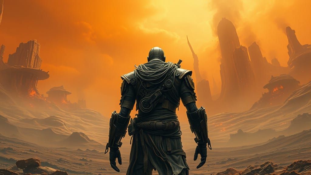 Dystopian Figure in Dark, Gritty Sci-Fi Landscape