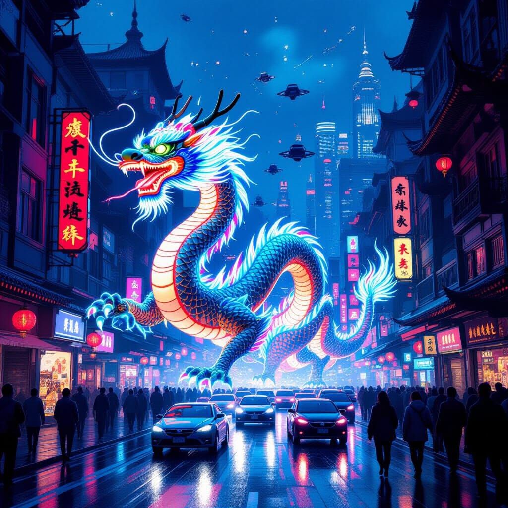 Cyberpunk Dragon Dance in Neon Cityscape
