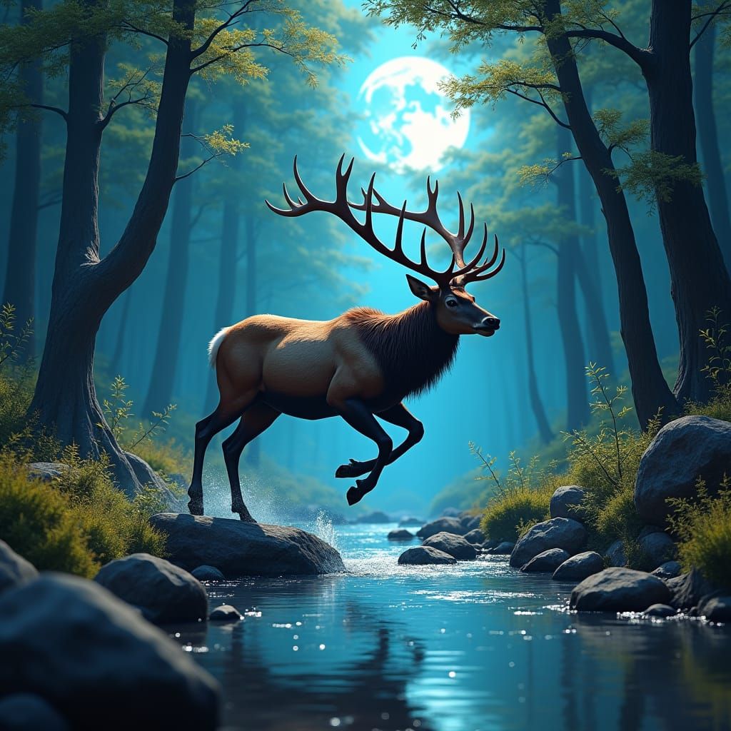 Stag Leaping in Moonlit Forest: Fantasy Concept Art