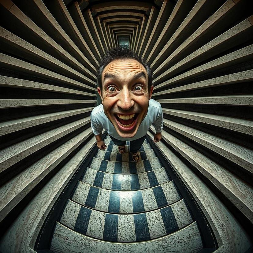 Uncanny Fisheye View: Man on Escher's Staircase
