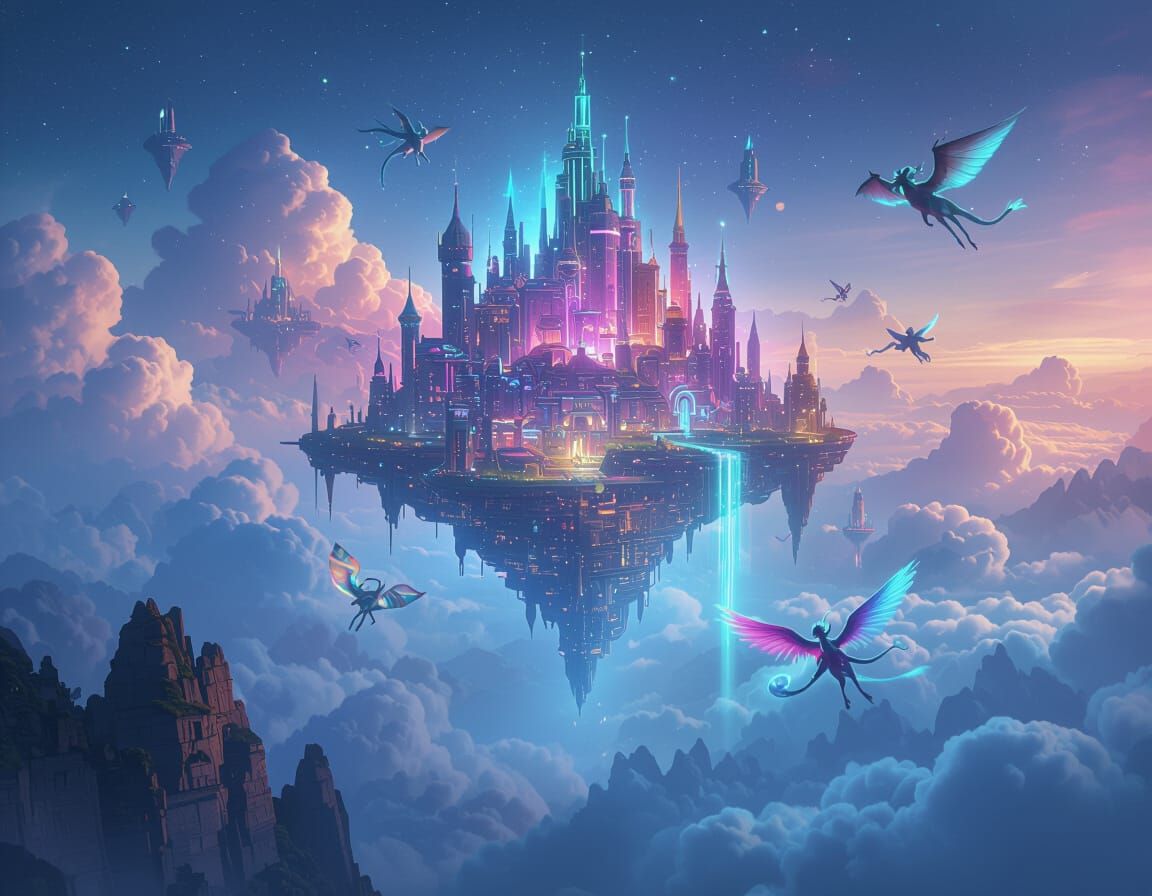 Magical Floating City in the Clouds: Digital Illustration