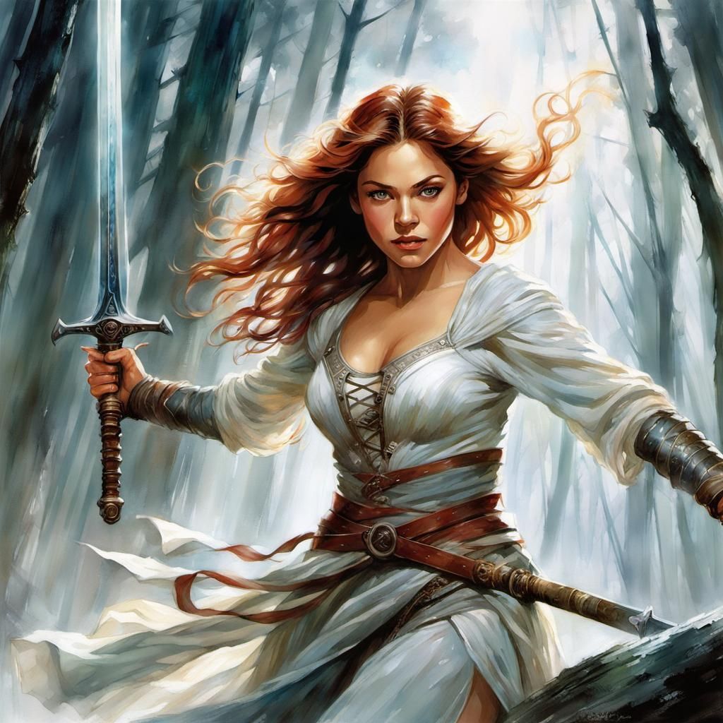 Red-Haired Warrior with Glowing Sword, Watercolor Art