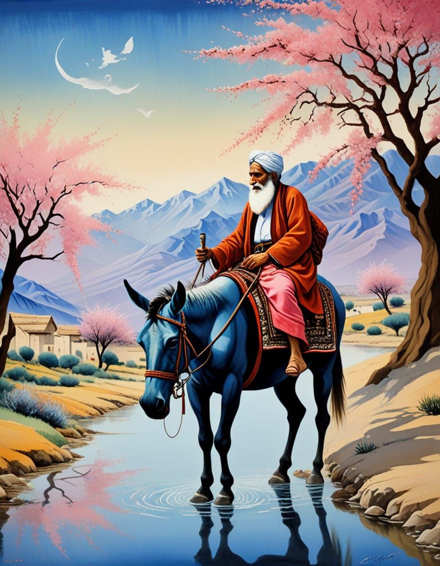 Elderly Mullah Offers Water to a Weary Donkey in a Blooming....