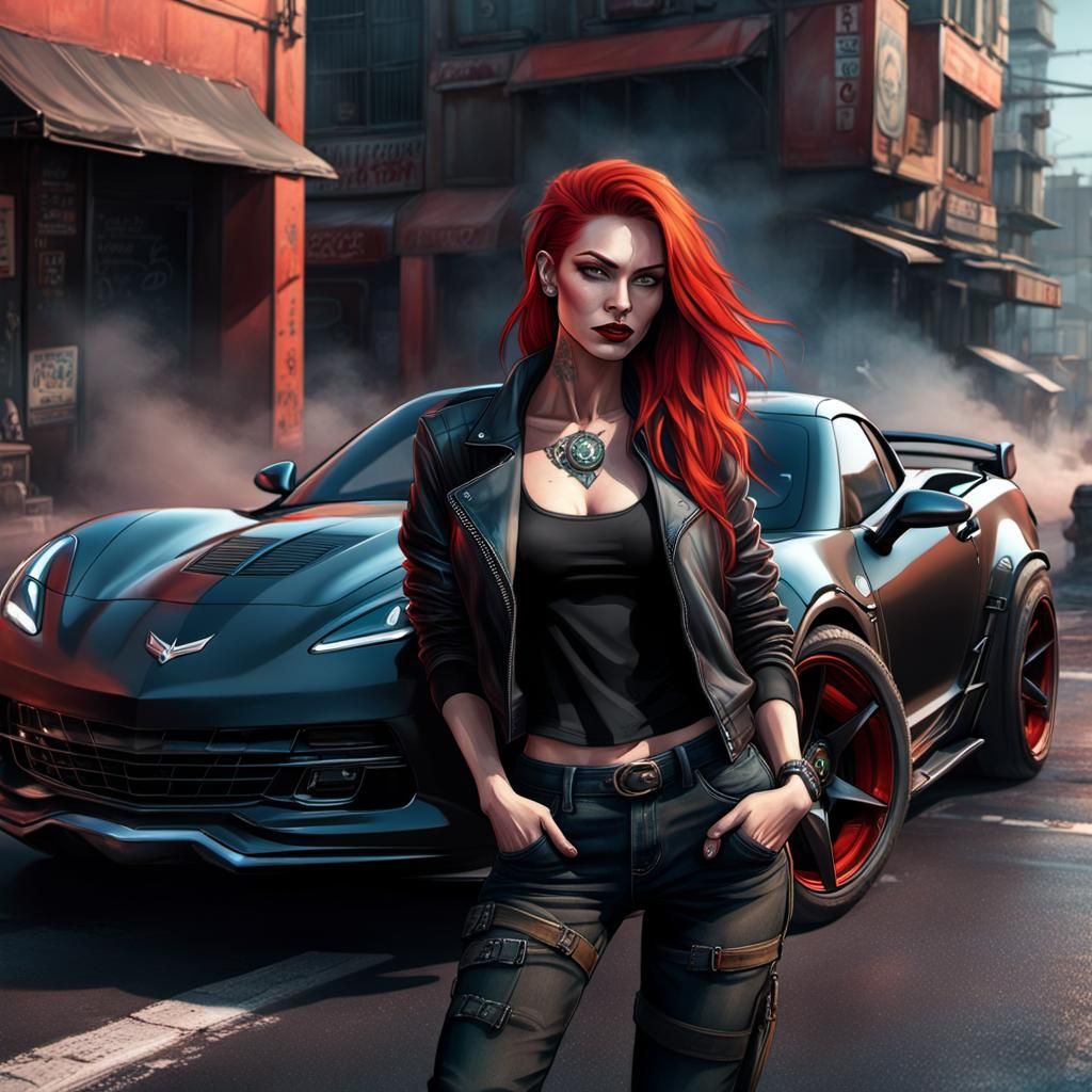 Cyberpunk Girl with Red Hair and Corvette