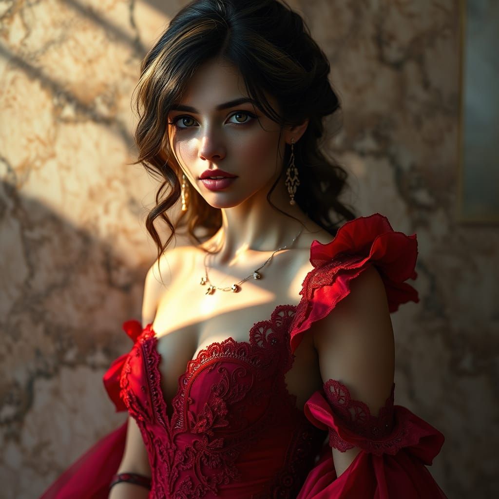 An elegant portrait of a beautiful young woman wearing a red...