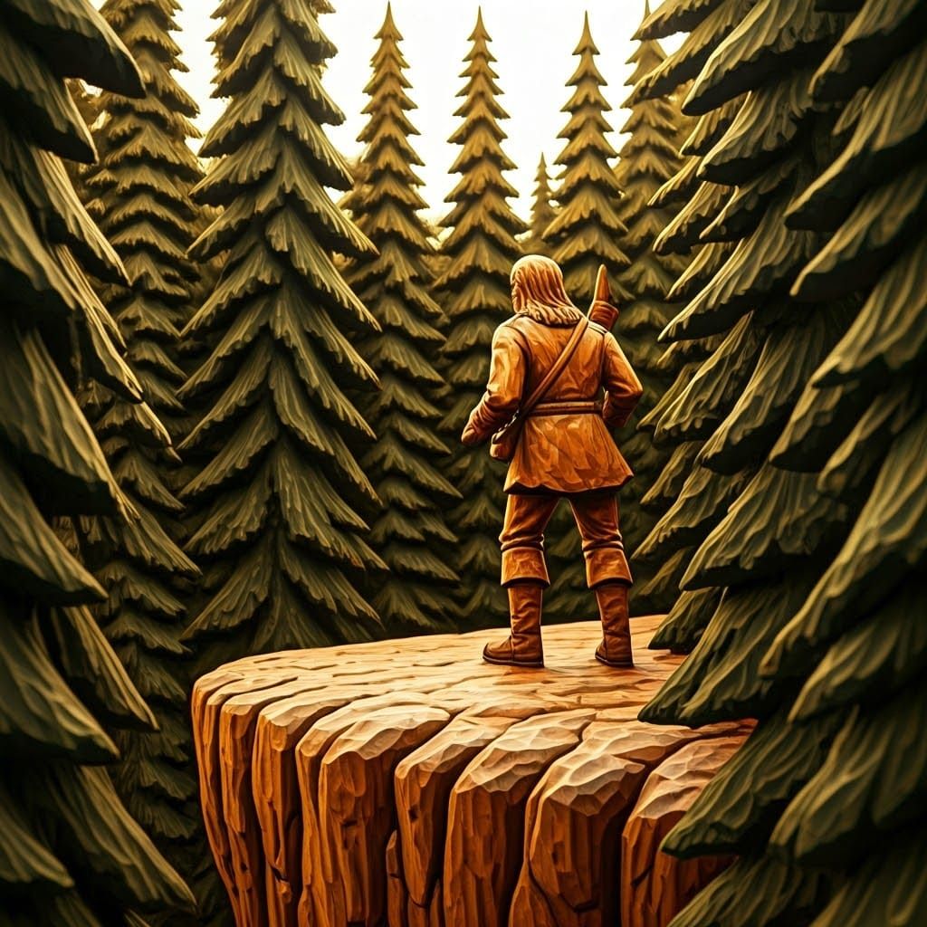 Brooding Ranger Wood Carving on Cliff