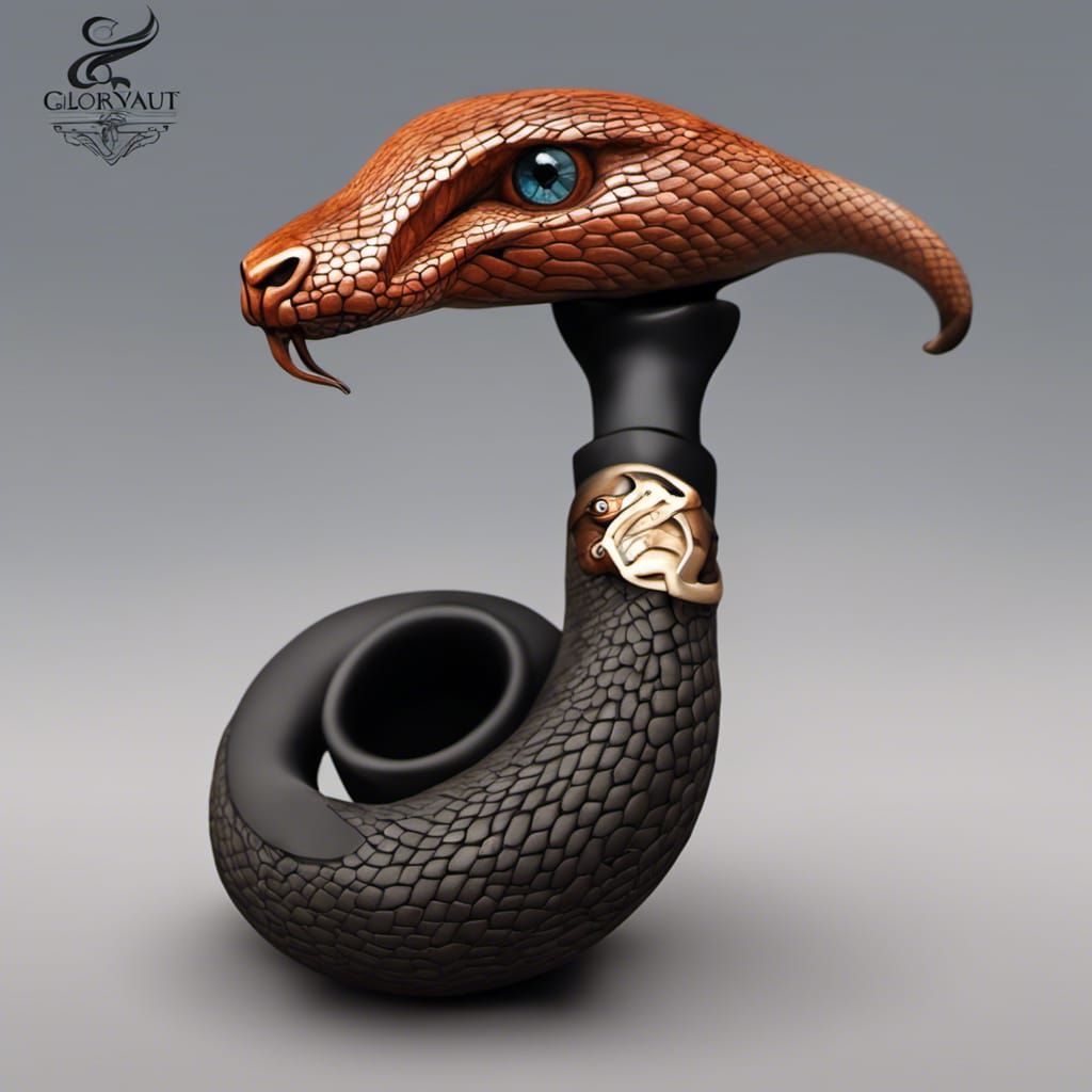 Ornate Smoking Pipe with Coiled Serpent, Surreal Illustratio...