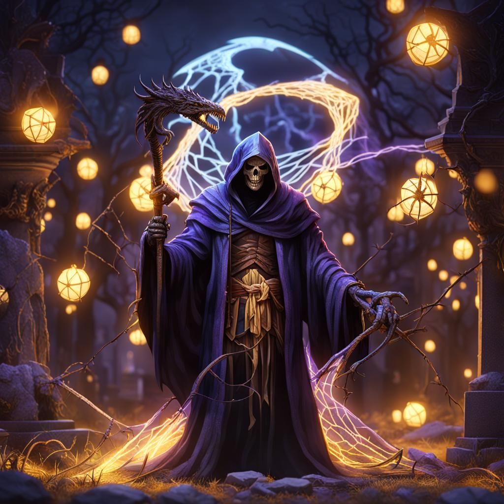 Spiderweb Grim Reaper Slaying Dragon: Dark Fantasy Art