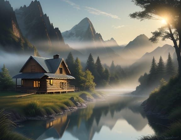 Serene Mountain Landscape with Cabin at Golden Hour