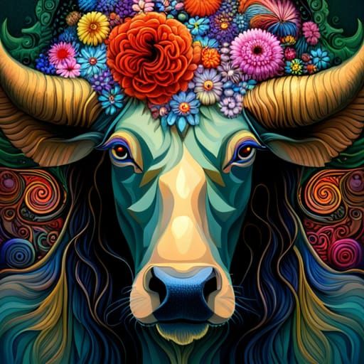 Cows head covered in flowers