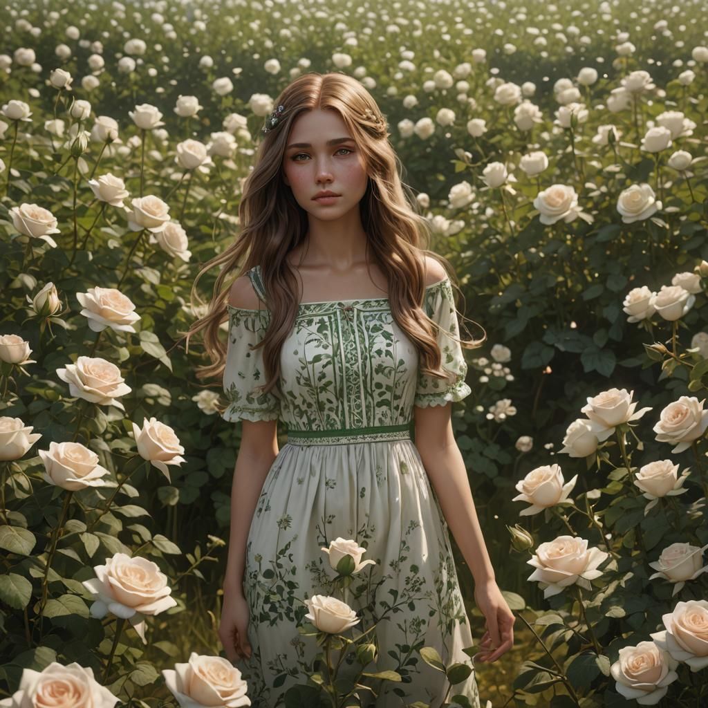 Girl in Rose Field: Detailed Matte Painting