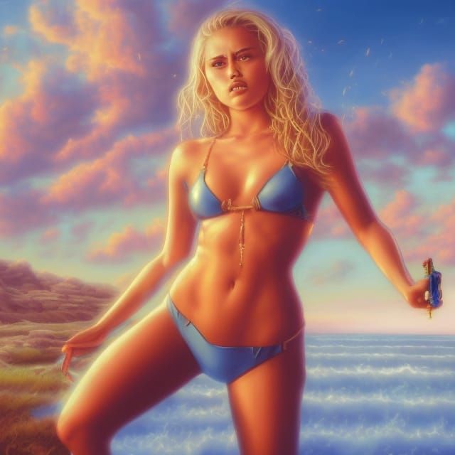 Hyperrealistic Miley Cyrus at Beach Party in Comic Art