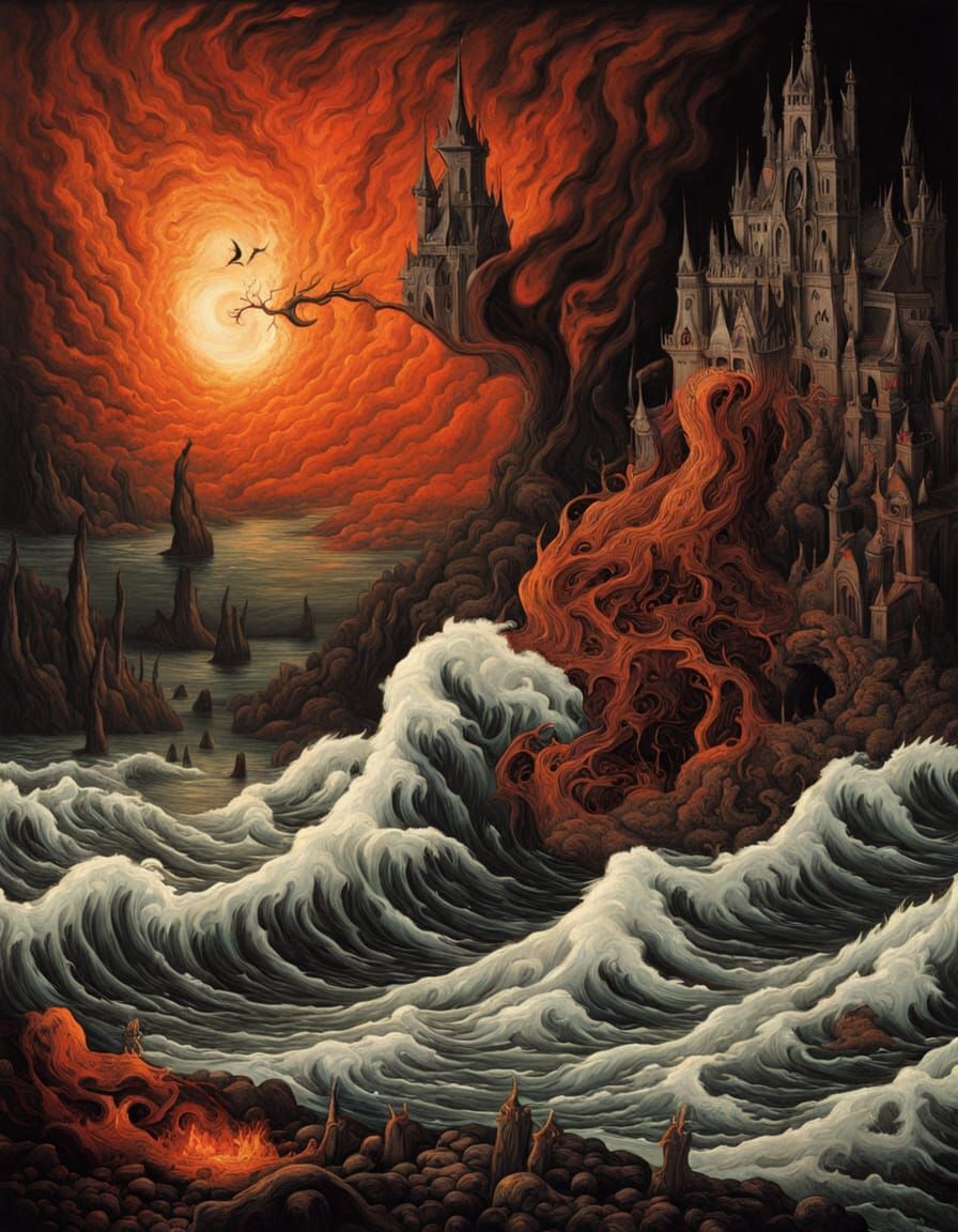 A Fiery Hellish Landscape in the Style of Hieronymus Bosch