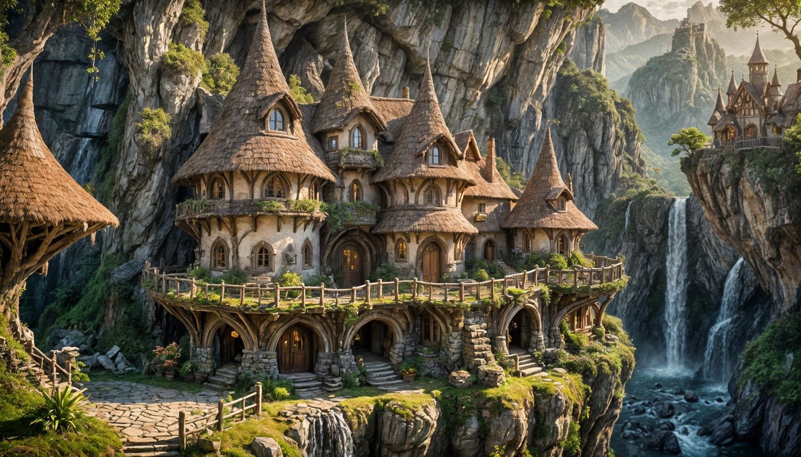 Elven House by Waterfall in Dreamy Storybook Style