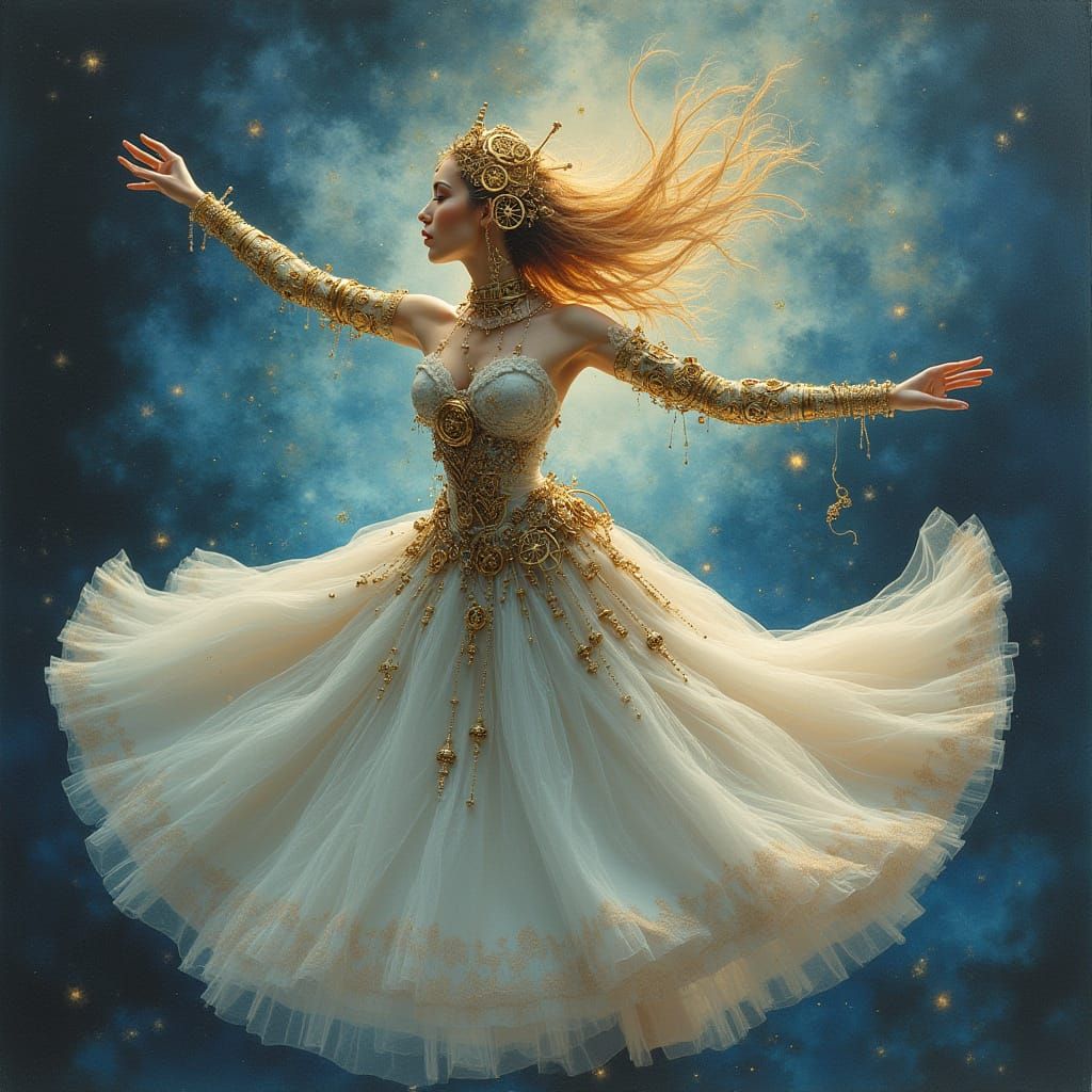 Steampunk Dancer in Swirling Nebula, Ink Wash Style