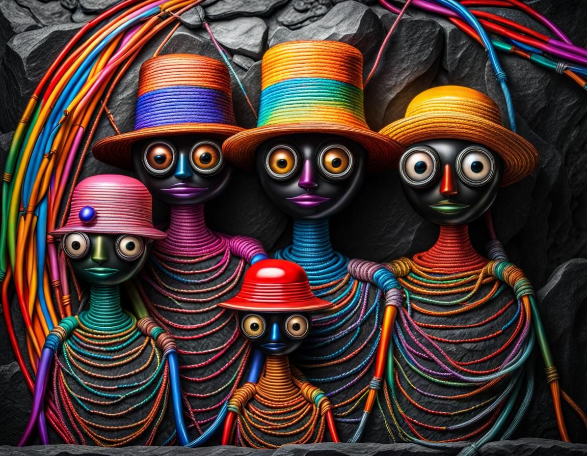 Colorful Wire People Family Photo on Black Stone