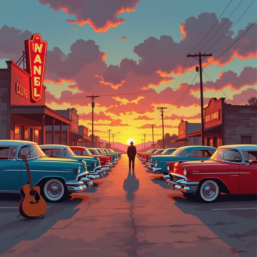 Retro Americana Scene: Cadillacs, Honky-Tonks, and Sunset