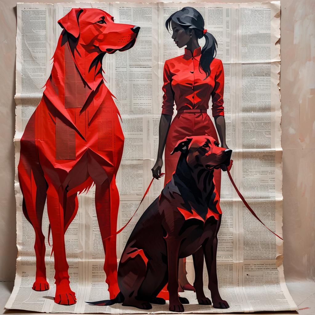 Abstract Red Silhouette: Woman and Dog on Newsprint