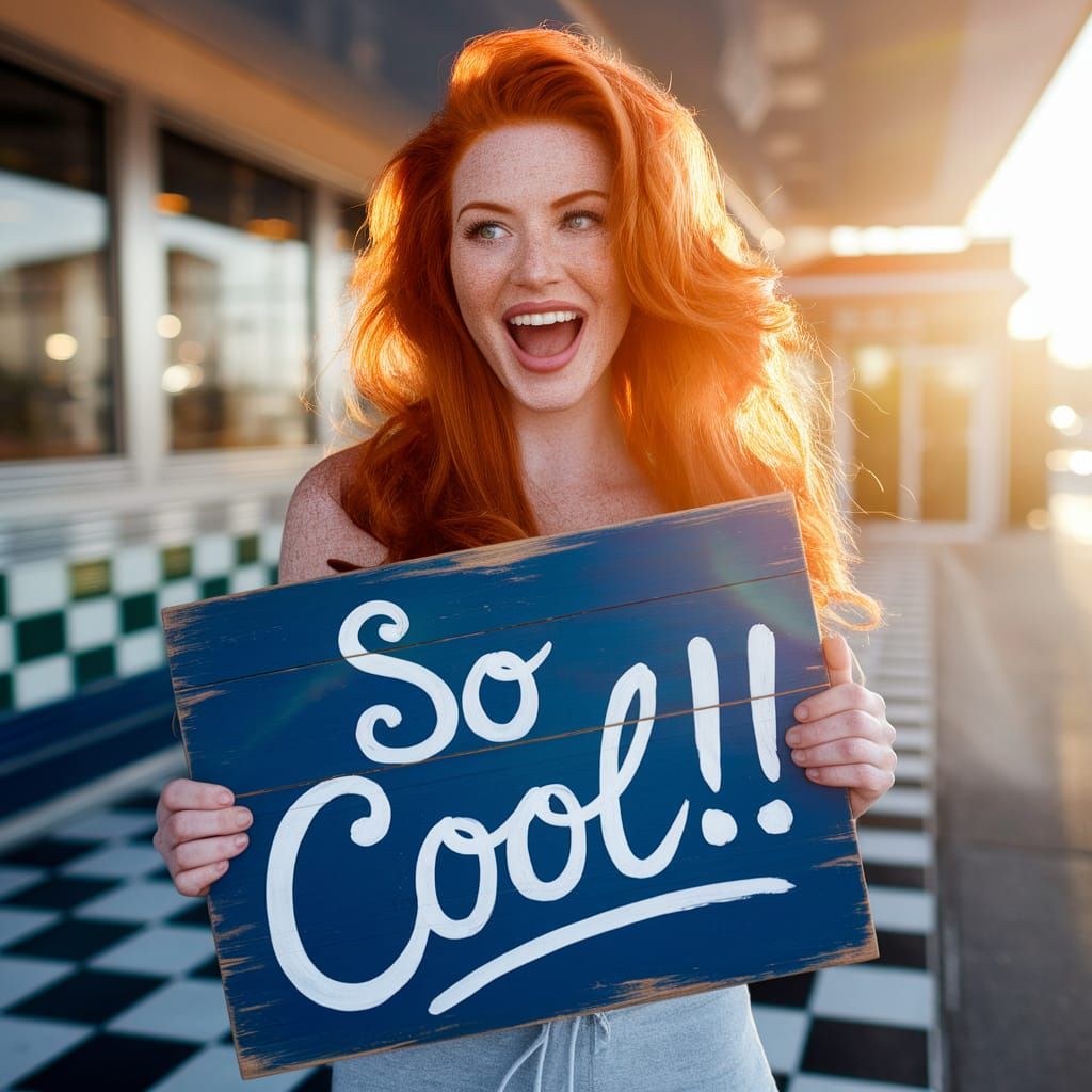 Redhead with Sign in Retro Diner