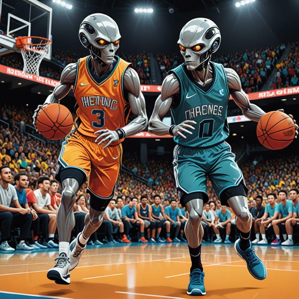 Aliens Play Basketball: Vibrant Sci-Fi Sports Poster