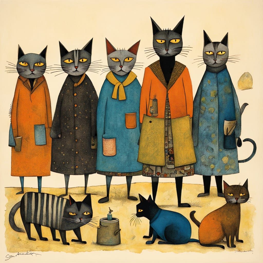 Surreal Cat Ritual in Vibrant Splash Art Style