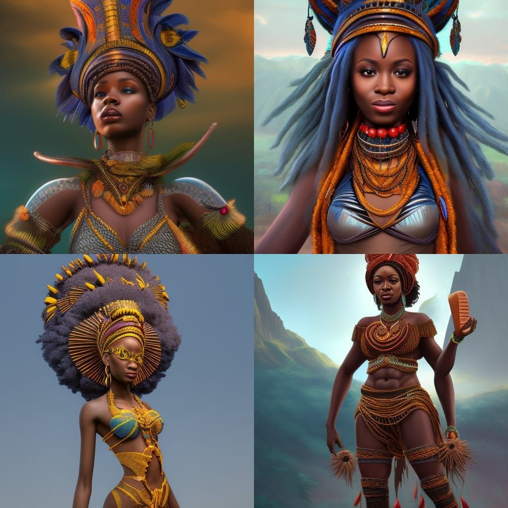 African Queen with Headdress, Detailed Fantasy Art