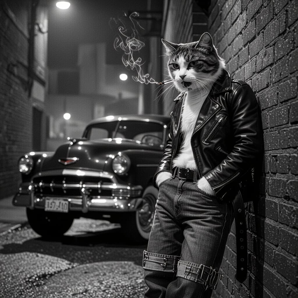 Cool Cat Leans on Hot Rod in Film Noir Style