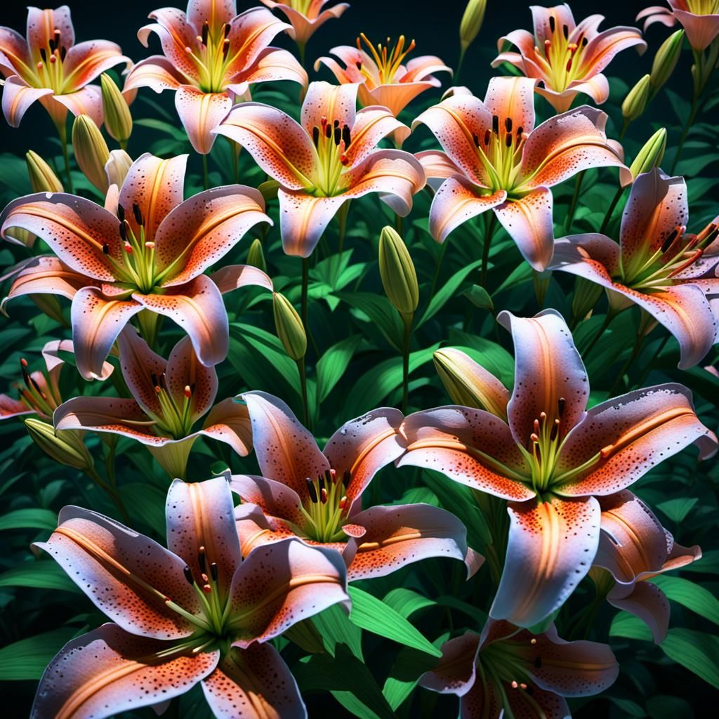 Colorful Lily Garden at Night in Hyper-Detailed Style