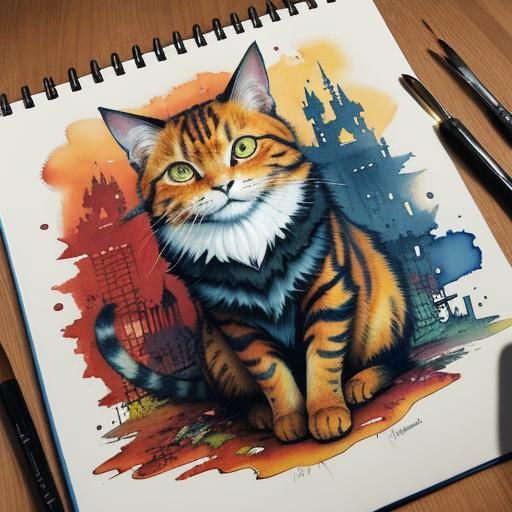 Ginger Cat on Sketchbook with Anime Watercolor Effect