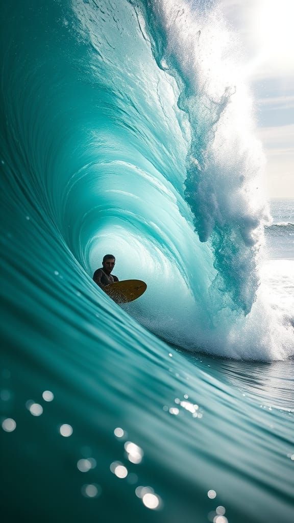 Surfer Rides Towering Ocean Wave at Sunset