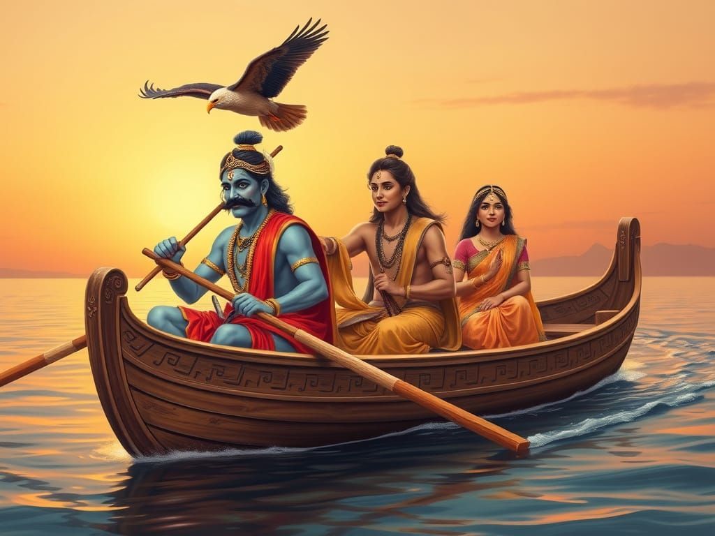 Ancient Indian Rowboat Scene in Sunrise Glory