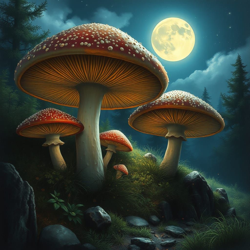 Moonlit Glenn with Giant Mushrooms in Airbrush Style