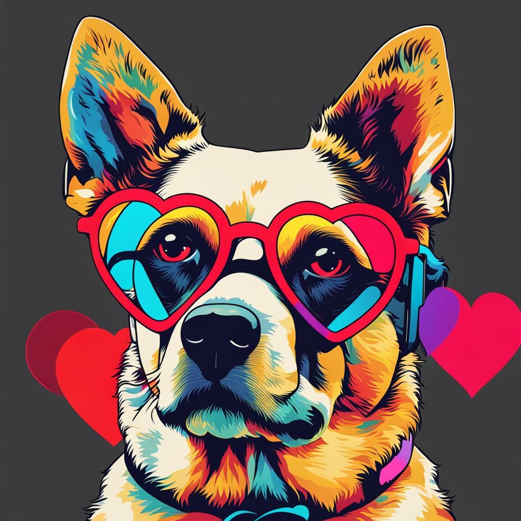 Pop Art Dog with Heart Glasses in Bauhaus Style