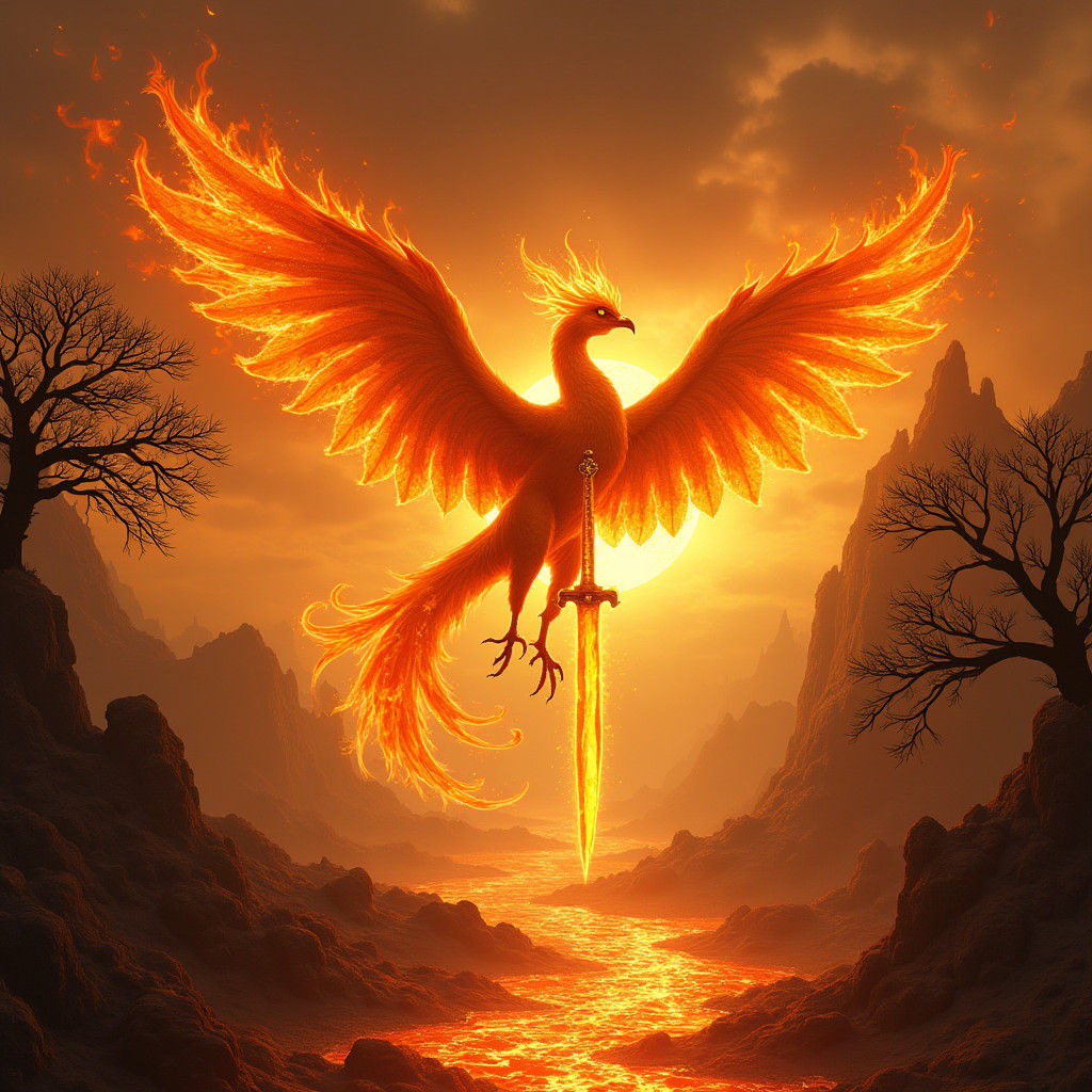 Fiery Phoenix Soaring Through Blazing Sky