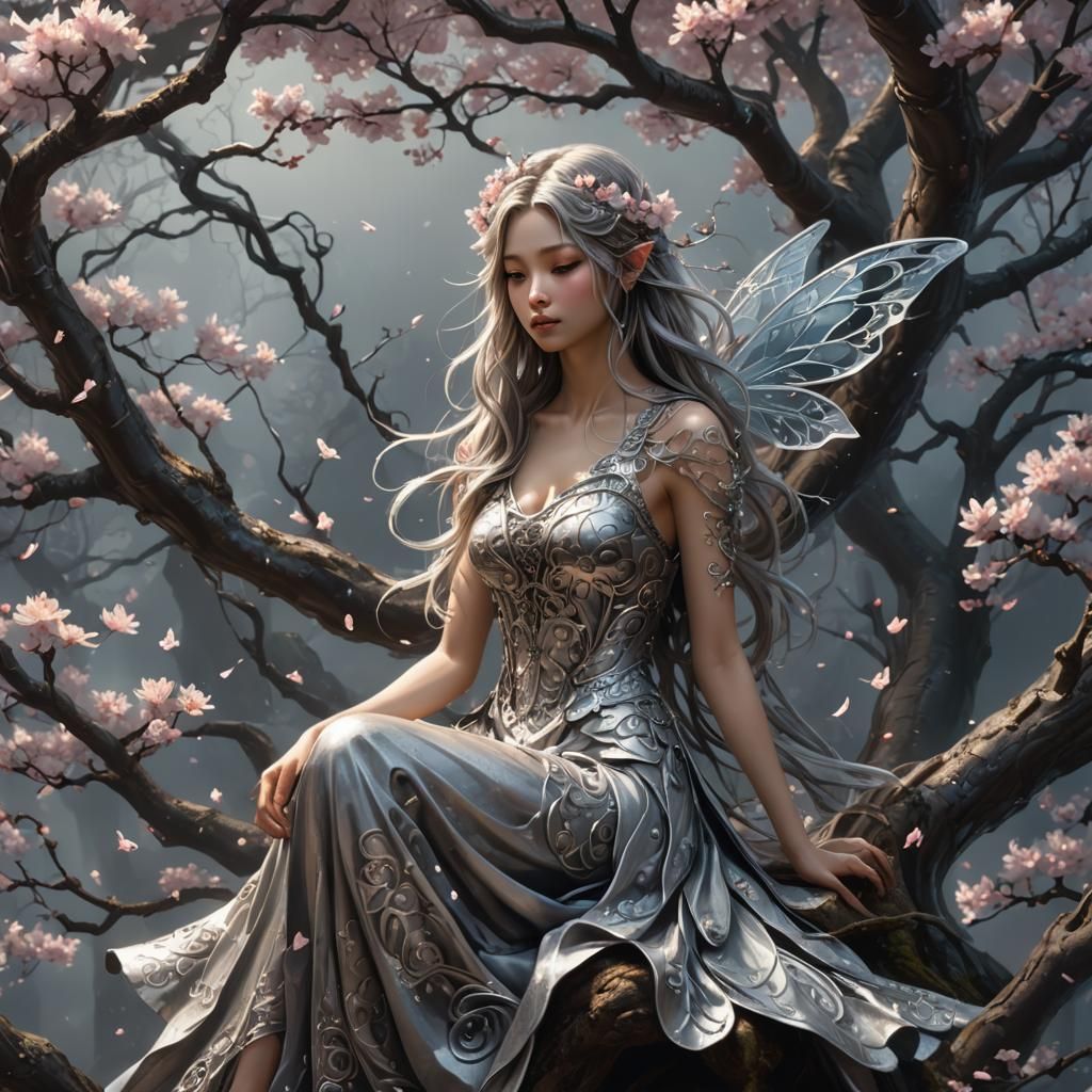 Fairy in Sakura Tree, Dark Fantasy Concept Art