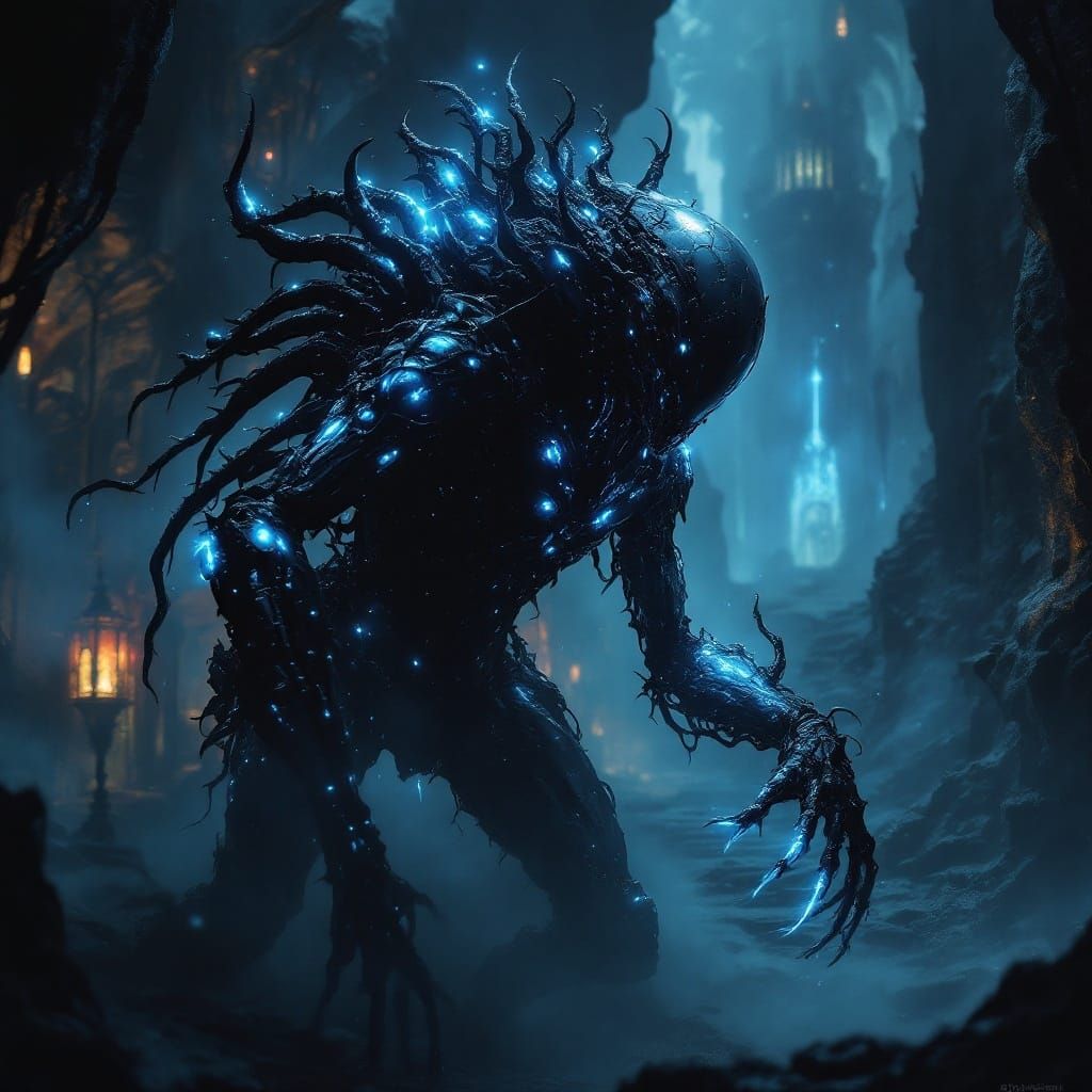 Alien Biomechanical Creature in Dark Fantasy Landscape