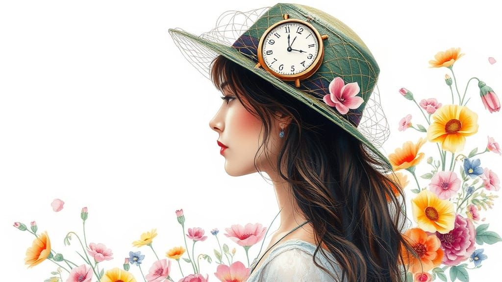 Soft Profile Portrait of a Woman with Floral Wire Art Hat in...