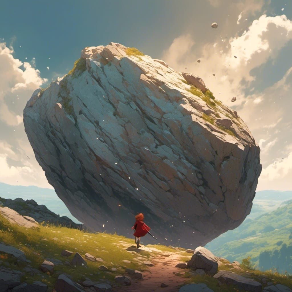 Auburn-Haired Woman Pushing a Rock Uphill