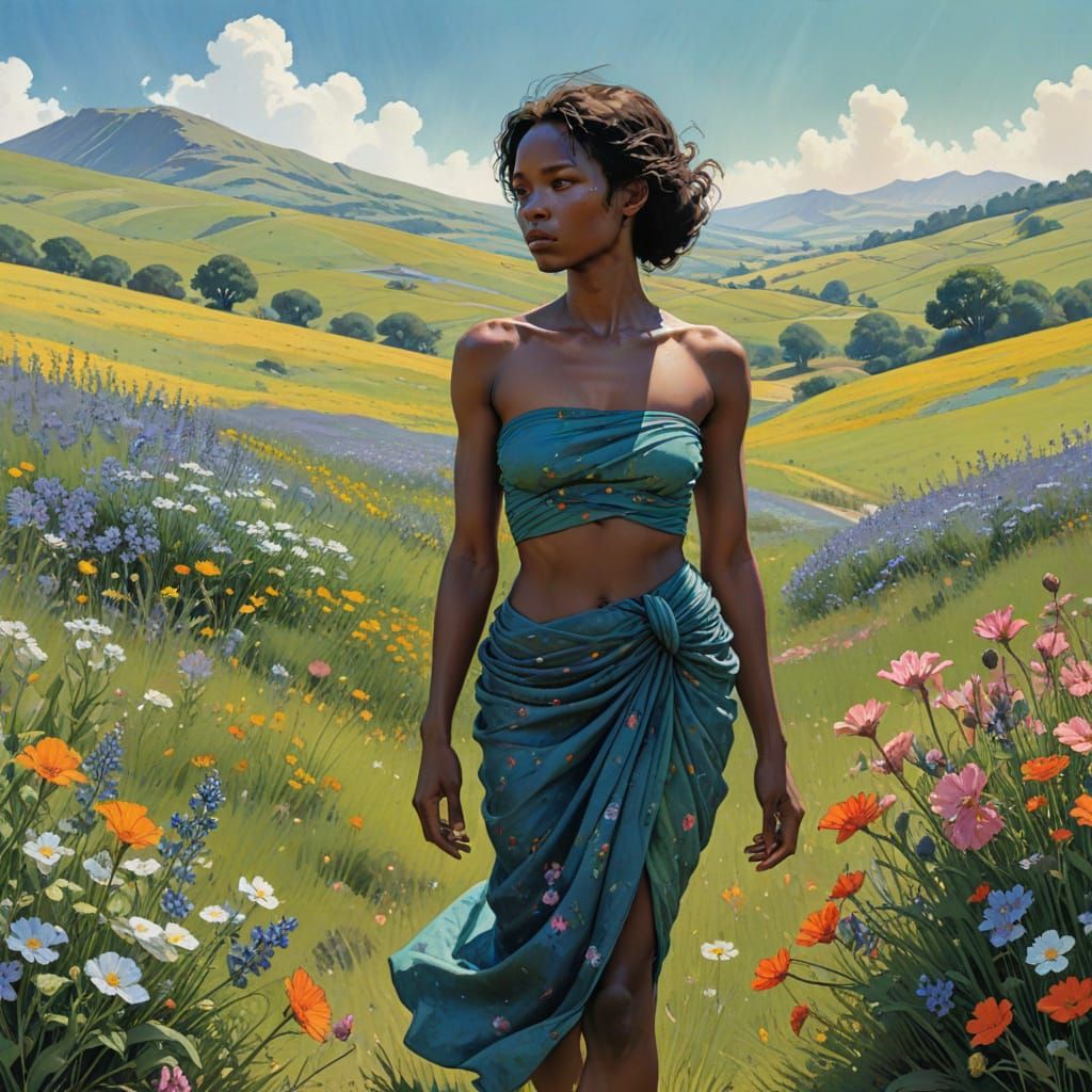 Enigmatic Black Goddess Among Wildflowers in a Whimsical Lan...