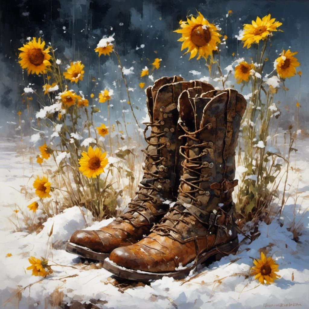 Winter Cowboy Boots with Blooming Flowers in Oil Painting