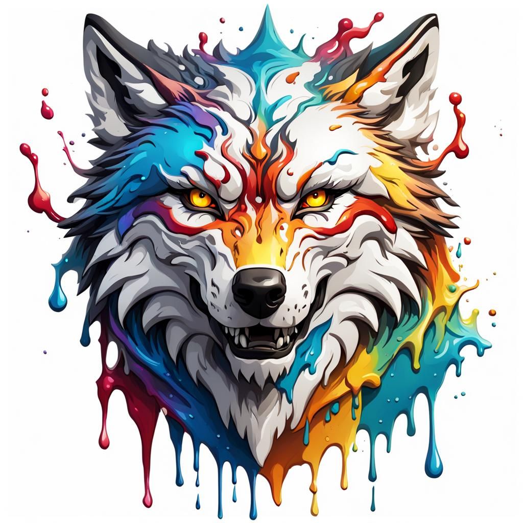 Epic Wolf Head in Colorful Splash Art Style