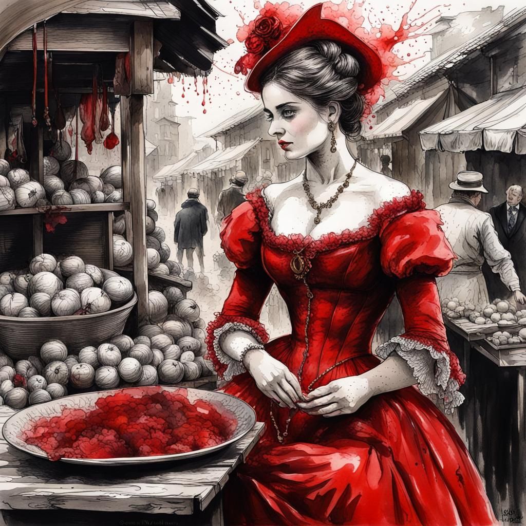 Victorian Woman in Red Dress: Ink Splash Art