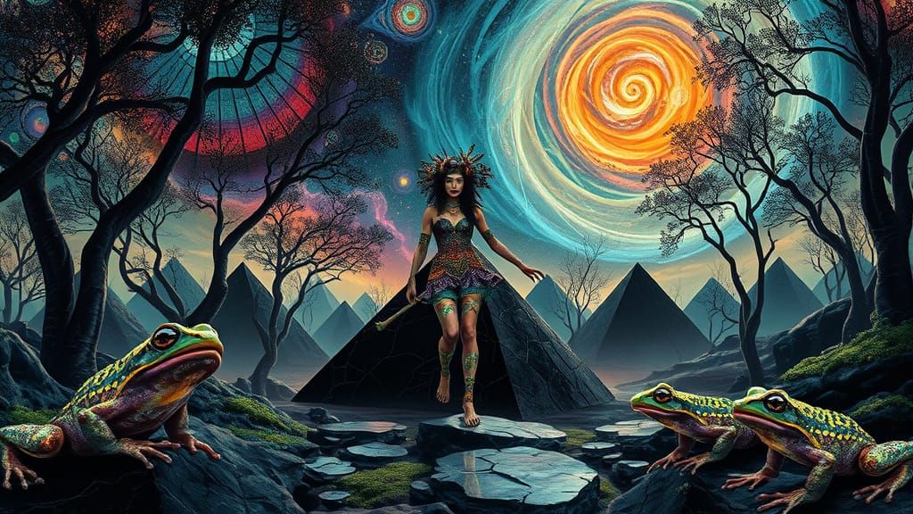 Mystical Woman Walking on Pyramids in Collage Style