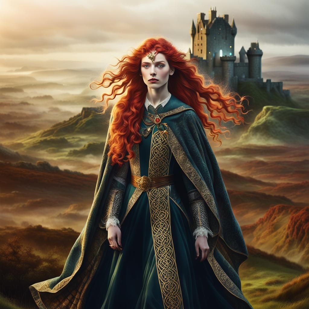 Scottish Princess in Misty Moor Landscape