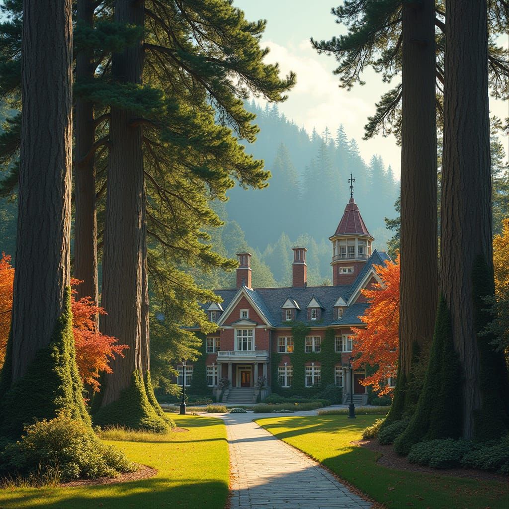 Pine Trees Surround a Serene Pacific Northwest College Campu...